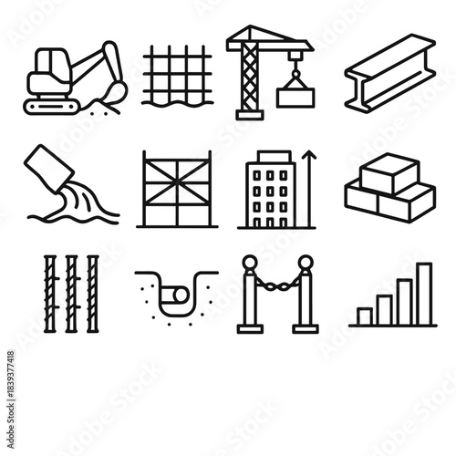 City Construction Icons. City Build Processes linear set: excavation icon, foundation grid, crane lift symbol, structural beam, concrete pour wave, scaffold frame, tower rise arrow