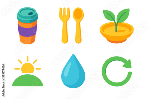 Eco-Friendly Icon Set. Low-Impact Home Actions isometric flat set: insulated cup, bamboo utensil, plant-based meal icon, sunlight arc, clean water drop, renewal arrow.
