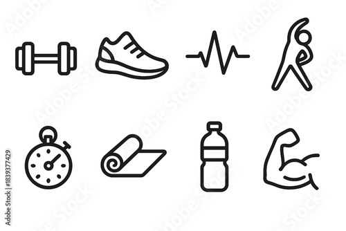 Fitness Icon Set. Fitness Icons Set linear set: dumbbell, running shoe, heartbeat line, stretching figure, stopwatch, yoga mat, water bottle, muscle outline.