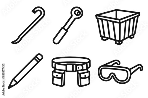 Jobsite Tool Kit Icons. Jobsite Tool Kit linear set: crowbar, socket wrench, scrap bin, marking pencil, tool belt, protective goggles.
