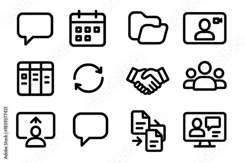 Remote Work Icons. Remote Teamwork Tools linear set: chat bubble, shared calendar, cloud folder, video call window, task board, sync arrows, digital handshake, group avatar icons,