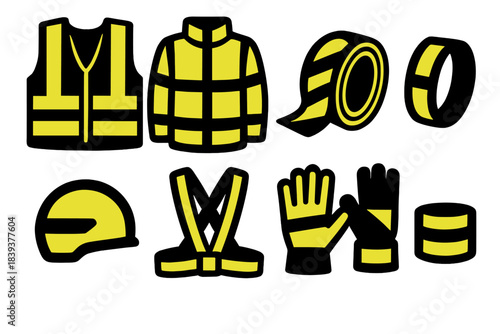 Reflective Safety Icons. Reflective gear silhouette set: safety vest, high-visibility jacket, reflective tape, armband, helmet sticker, safety belt, visibility gloves, ankle bands.