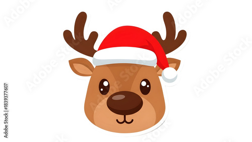 Adorable reindeer head wearing a santa hat cartoon illustration isolated on transparent background