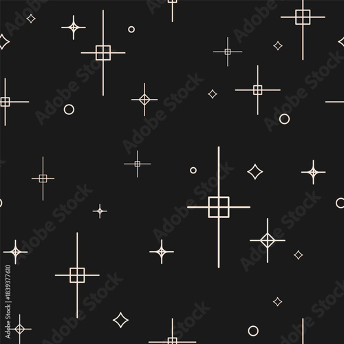 Minimal geometric sparkles and star Seamless pattern on black background with minimalist white line elements for wallpapers, packaging, digital design, fabric prints, branding. Vector illustration