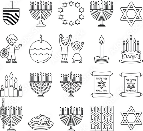 Hanukkah symbols and icons line art collection menorah
