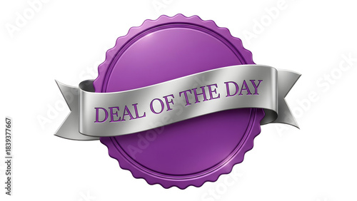 Purple circular seal or badge with a silver ribbon banner that reads deal of the day isolated on transparent background