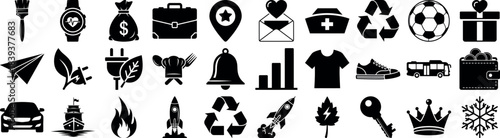 Collection of various black silhouette icons representing different objects and shapes silhouette
