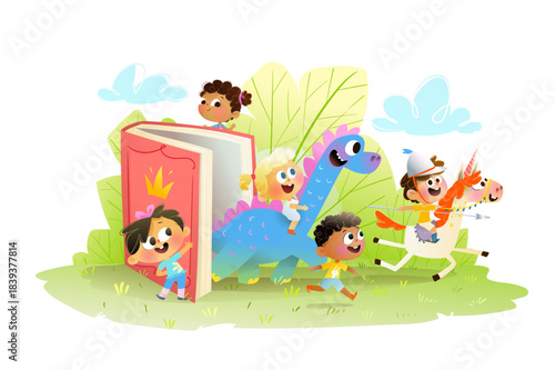 Children exploring magical fantasy world of reading books. Happy kids in fairytale book imaginary world riding horse and dinosaur. Vector children illustration for reading books and education.