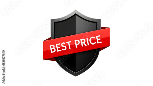 Black shield emblem with a red banner displaying the text best price isolated on transparent background