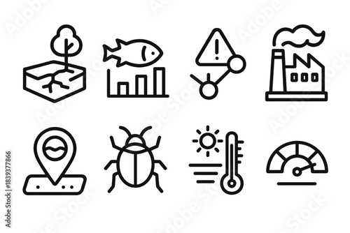 Ecosystem Monitoring Icons. Ecosystem risk monitoring linear set: habitat stress tile, species decline bar, environmental alert node, pollution arc, water quality marker, invasive