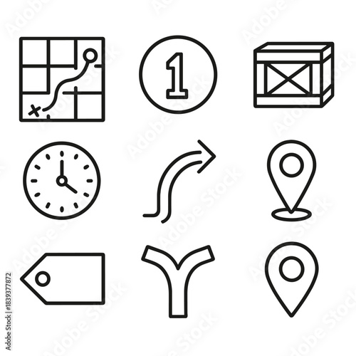 Mission Map Icons. Strategic Operations Layout linear set: mission map grid, numbered waypoint, route arrow, resource crate, timing clock, priority tag, decision fork, objective