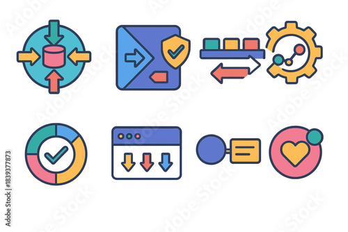 DataOps Icon Set. DataOps Evolution Set flat set: adaptive ingestion hub, policy-aligned transform tile, cross-platform sync bar, automated drift detector, data-quality assurance