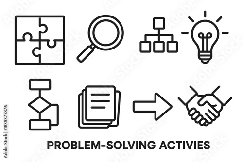 Problem-Solving Icons. Problem-Solving Activities linear set: puzzle grid, magnifying lens, logic tree, idea bulb, flowchart box, note card stack, solution arrow, teamwork hands.