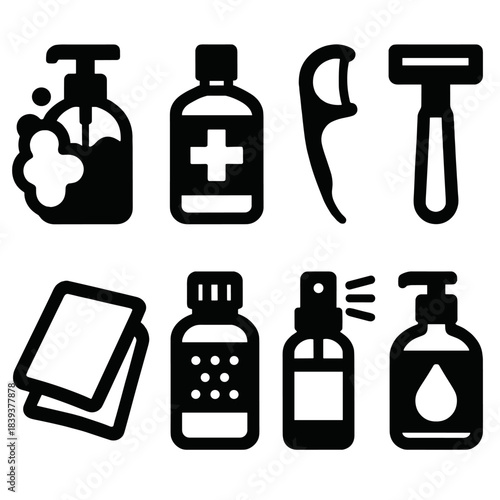 Cleanliness Icons Collection. Cleanliness Product Line silhouette set: foaming soap, antiseptic rinse, dental floss pick, grooming razor, cleansing cloth, talc-free powder,