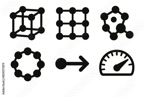 Crystalline Structure Icons. Crystalline Material Frameworks silhouette set: repeating unit cell, atomic grid tile, defect cluster icon, structural symmetry ring, interatomic bond