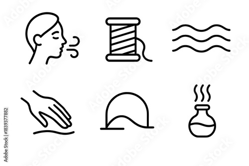 Calming Sensory Icons. Calming Sensory Elements linear set: slow breath icon, silky thread, ambient wave, gentle touch hand, soft shadow arc, calming scent vial.