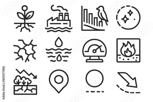 Ecosystem Decline Icons. Ecosystem Decline Markers linear set: habitat stress node, pollution surge tile, species downturn bar, soil crust gap, water contamination patch,