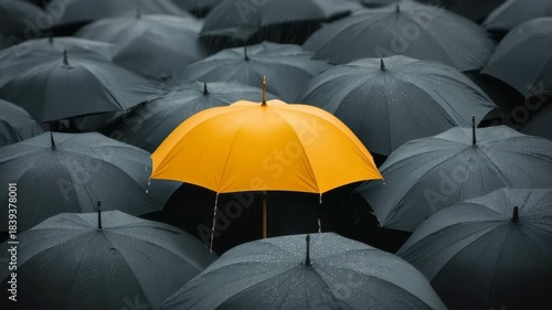 Bright yellow umbrella stands out among many black umbrellas in a rainy scene
