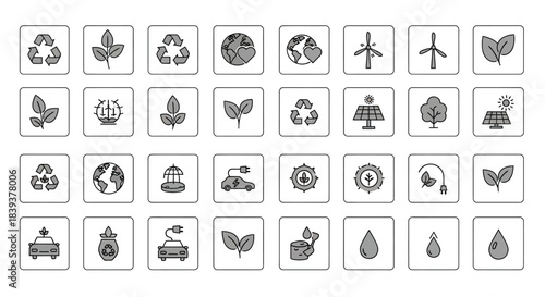 Collection of eco and alternative energy icons isolated on perfect for illustrating environmental responsibility and sustainability