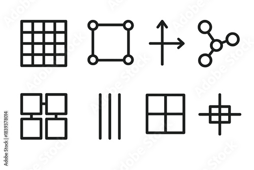 Geometric Symmetry Icons. Material symmetry frameworks linear set: lattice grid tile, unit cell node, axis line bar, molecular motif arc, pattern repeat icon, alignment strip,