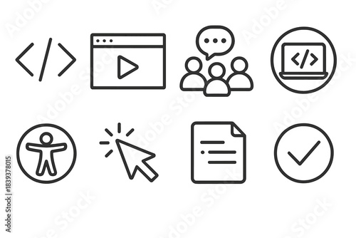 Inclusive Web Workshops Icons. Inclusive Web Workshops linear set: coding brackets, tutorial window, group chat, laptop circle, accessibility icon, cursor pointer, note card,