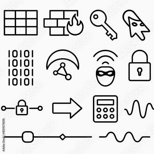 Cybersecurity Icon Grid. Digital Infiltration linear set: data grid, firewall icon, access key symbol, masked cursor, coded stream, hidden node, stealth signal, subtle lock,