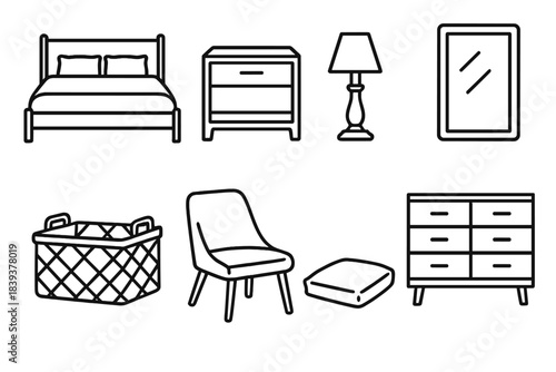 Minimalist Furniture Icons. Interior furnishing set linear set: bed frame, nightstand, dresser, table lamp, mirror, storage basket, accent chair, floor cushion.