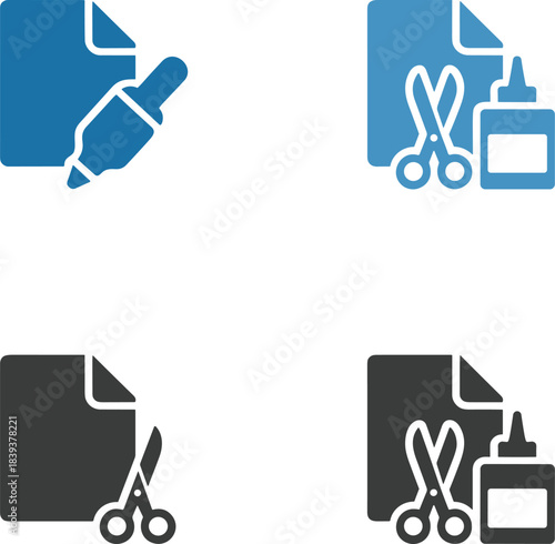 Paper cutting and gluing icons in blue and gray scissors