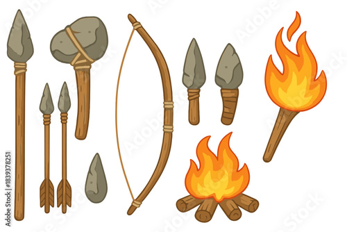 Primitive stone age tools and fire icons set for survival
