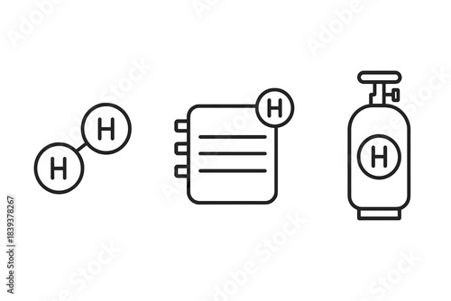 Hydrogen energy icons set molecular structure storage and fuel cell concept