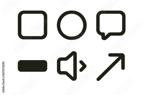 Brutalist Icon Set. Essential Minimal Elements silhouette set: single stroke, balanced shape, empty space cue, muted tone mark, quiet line, gentle angle.