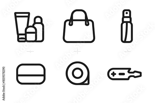 Micro Travel Essentials. Micro Travel Accessories linear set: compact toiletries, fold-flat bag, hand sanitizer vial, pocket case, small tape roll, micro repair tool.