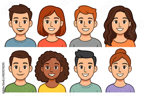 Diverse group of smiling cartoon avatars featuring men and women