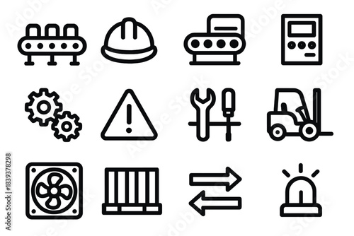 Industrial Icon Set. Factory Environment Essentials linear set: assembly line, safety helmet, conveyor belt, control panel, gear cluster, warning triangle, tool rack, forklift icon