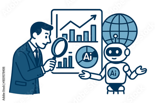 Business professional examining global data with robotic assistant and growth charts