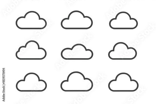 Set of nine simple outline cloud icons for weather or data storage concepts