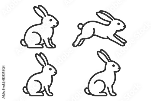 Set of four simple line art icons depicting rabbits in different poses