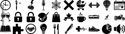 Collection of various black silhouette icons and symbols against a white background silhouette