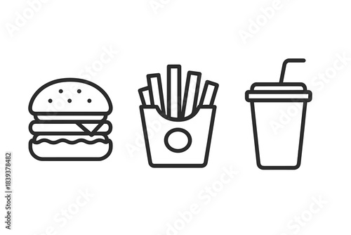 Fast food meal with burger, fries, and a drink presented in a simple design