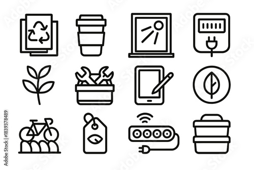 Eco-Friendly Office Icons. Green Office Habits linear set: recycling stack, refillable cup, daylight window, energy meter, plant sprig, shared toolkit, digital note pad, low-impact