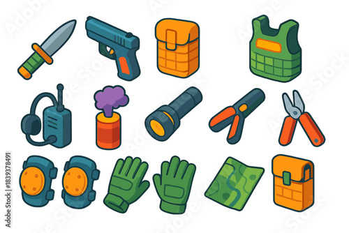 Tactical Gear Icons. Tactical Gear Loadout isometric flat set: tactical knife, compact pistol icon, utility pouch, body armor plate, radio headset, smoke canister, flashlight,