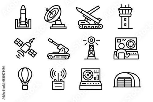 Air Defense Icons. Air Defense Grid linear set: missile silo, radar array, interceptor launcher, flight control tower, detection satellite, anti-air turret, runway beacon,