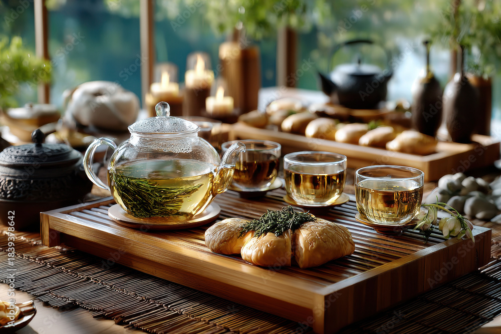 Fototapeta premium Tranquil tea ceremony setup with pastries and candles