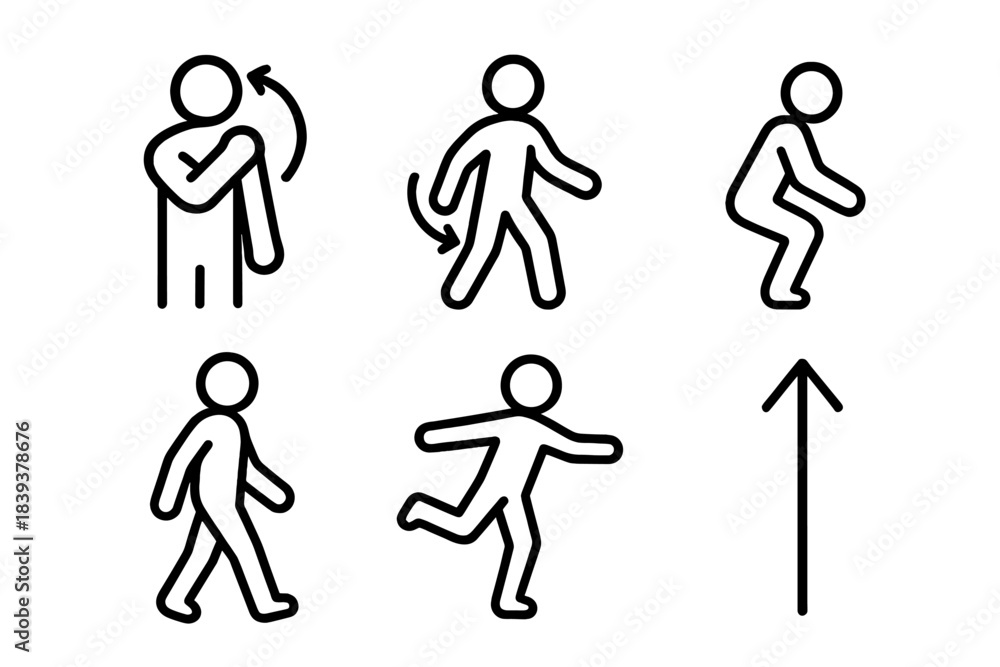 Fototapeta premium Routine Motion Icons. Routine Motion Elements linear set: shoulder roll, arm swing, easy squat, hallway walk, balance step, mobility arrow.