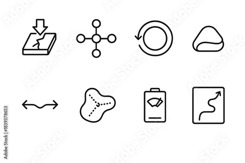 Adaptive Resilience Icons. Adaptive Resilience Framework linear set: pressure-strain tile, stress-response node, flexible-load bar, recovery loop ring, tension-adjust arrow, strain