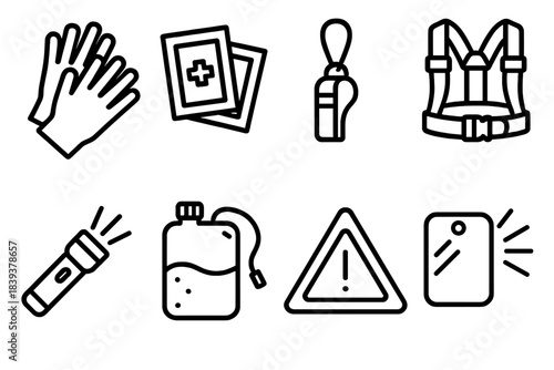 Rescue Essentials Icons. Rescue & Relief Kit linear set: medical gloves, sterile wipes, emergency whistle, rescue harness, flashlight beam, hydration pouch, danger triangle, signal