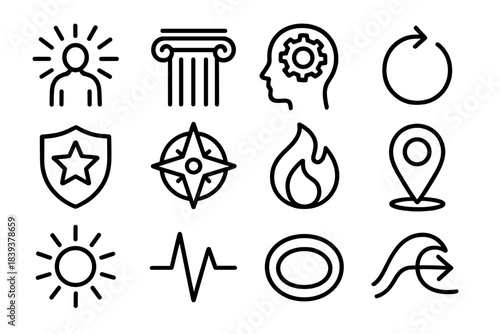 Empowerment Symbols Collection. Personal Empowerment Symbols linear set: confidence burst, strength pillar, mindset gear, resilience loop, dedication badge, aspiration compass,