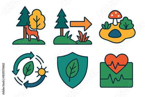 Biodiverse Icon Collection. Biodiversity-Centered Management flat set: mixed-species stand, habitat linkage arrow, microhabitat cluster, ecological process loop, conservation tile,