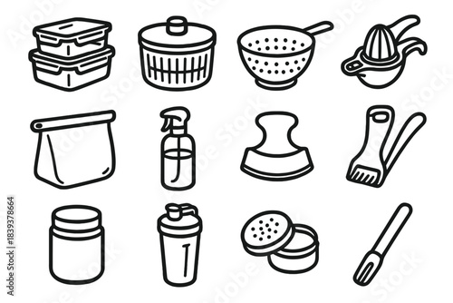Healthy Kitchen Icons. Healthy Kitchen Accessories linear set: meal prep stacker, leafy-greens spinner, fruit-wash sieve, handheld citrus juicer, silicone food bag, oil-mist