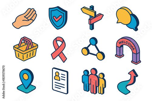 Community Confidence Icons. Community Confidence Elements isometric flat set: supportive hand, trust crest, open guidepost, conversation tag, shared basket, care ribbon, group node